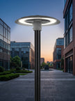 AI Studio Photo - Front face view wearing hat, looking at camera, hat brim visible. CAMERA SHOT: A medium shot focusing on the lamp head and a portion of the pole, showcasing its design and illuminated ring. [Half body styled]